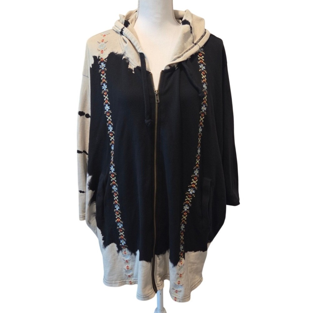 Anama Embroidered Zip Hoodie Oversized Cotton Black Cream Boho M/Large Oversized